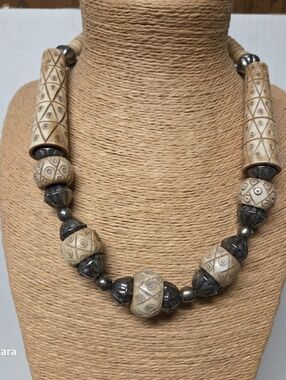 Vintage Tribal Geometric Carved Bone & Metal Beaded Necklace